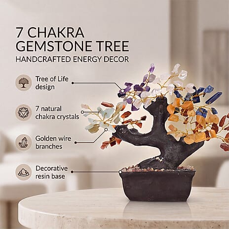 LIVMORE Handcrafted 150 Seven Chakra Gemstones Bonsai Feng Shui Tree (30.48 cm) - Multi Colour