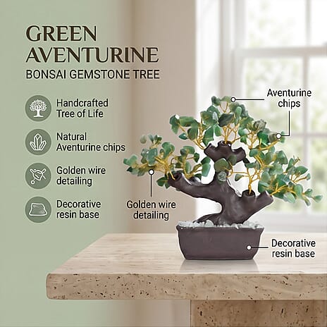 LIVMORE Handcrafted 150 Aventurine Gemstone Bonsai Feng Shui Tree (30.48 cm) - Green