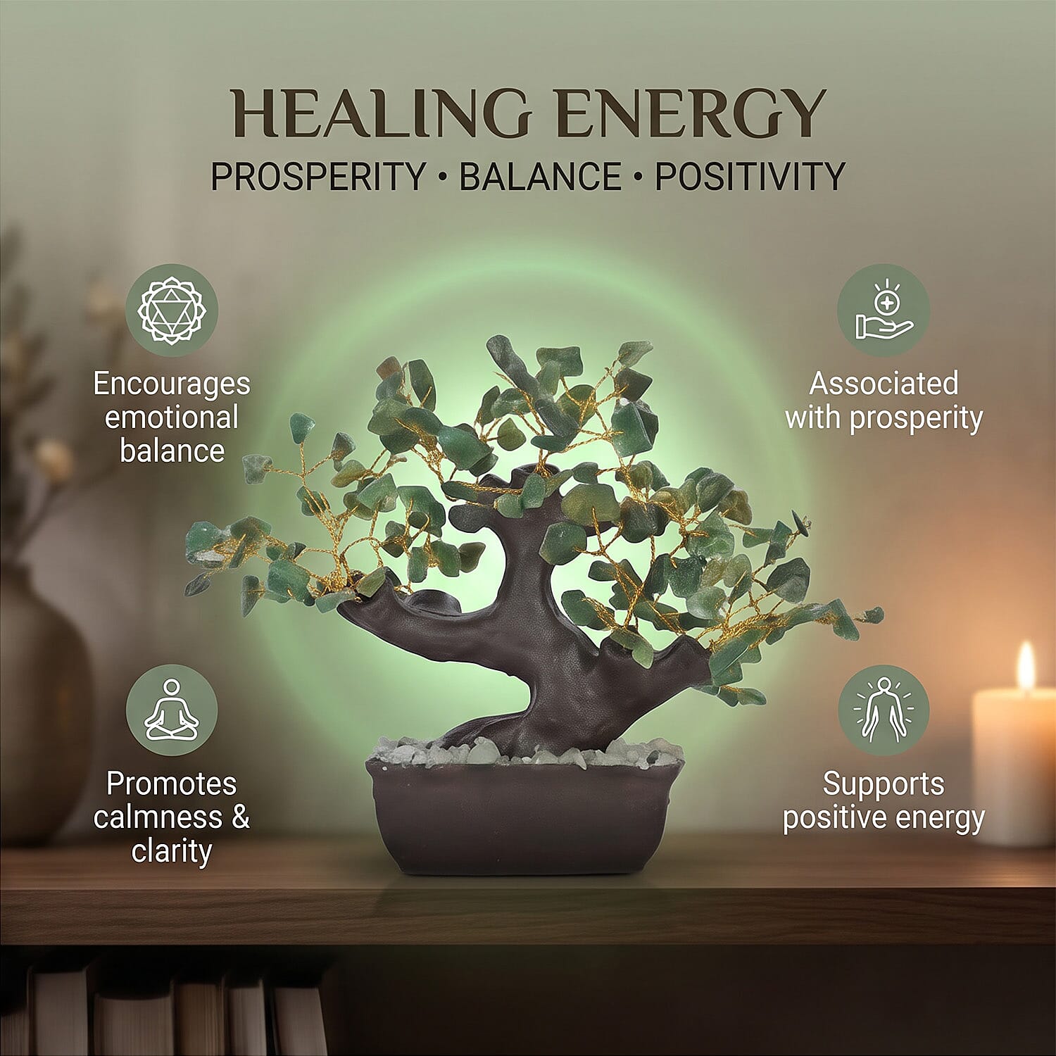 LIVMORE Handcrafted 150 Aventurine Gemstone Bonsai Feng Shui Tree (30.48 cm) - Green