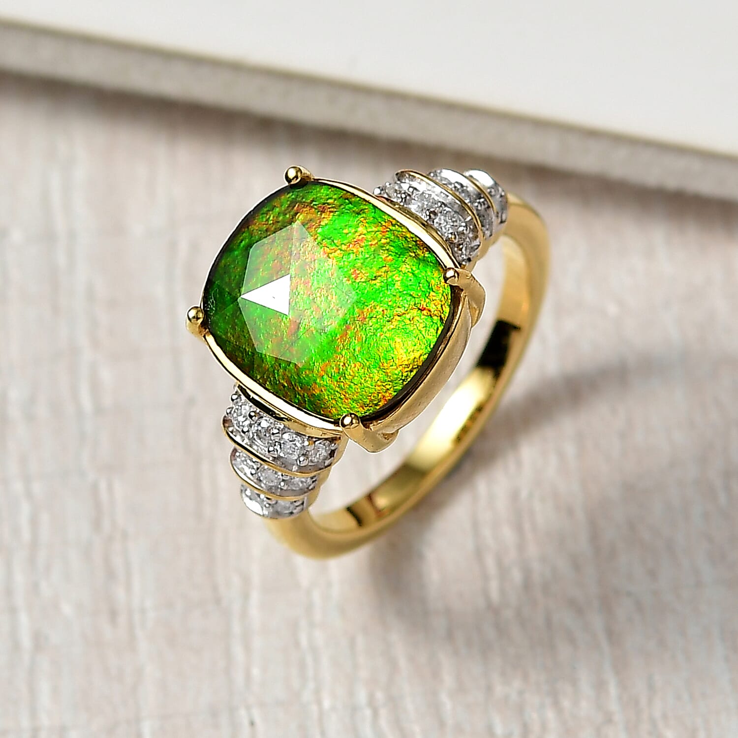 One Time Deal - AA Canadian Ammolite & Moissanite Ring in 18K Vermeil Yellow Gold Sterling Silver 4.57 Ct.