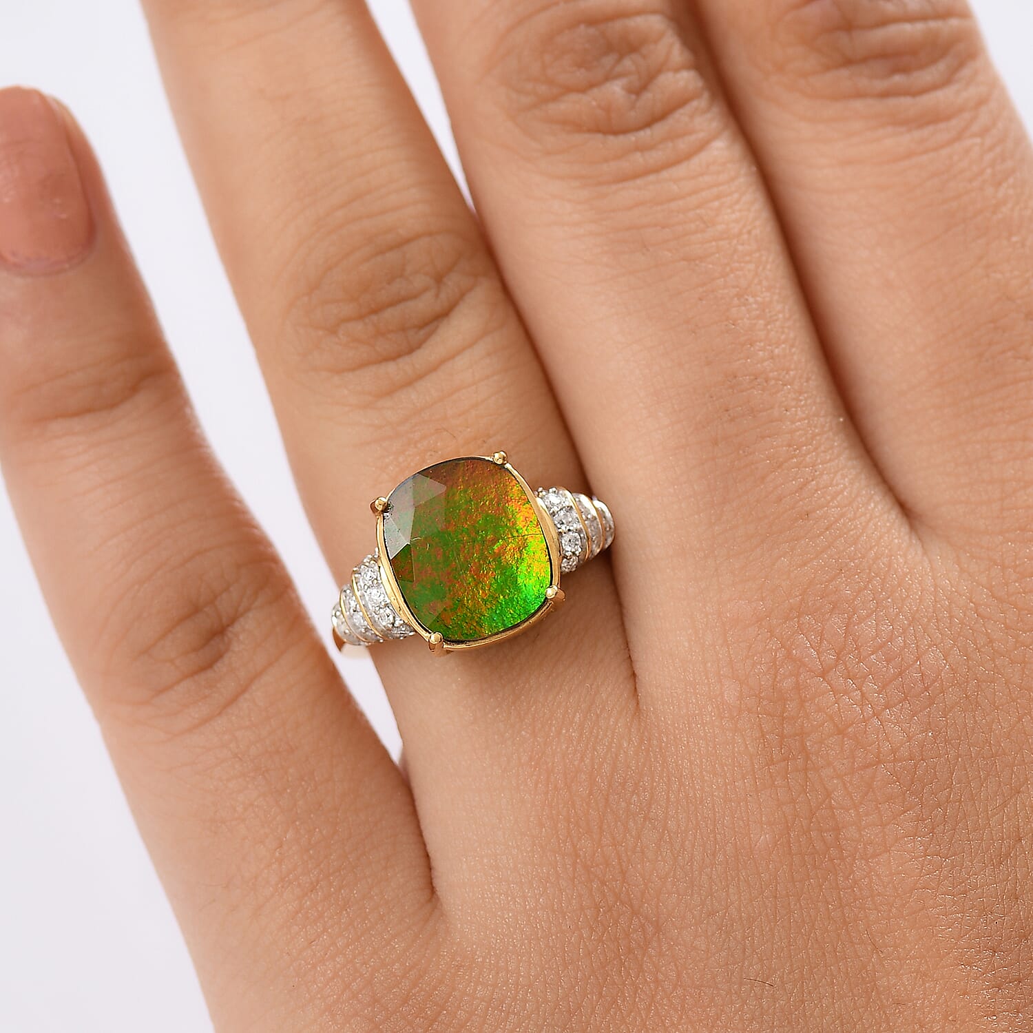 One Time Deal - AA Canadian Ammolite & Moissanite Ring in 18K Vermeil Yellow Gold Sterling Silver 4.57 Ct.