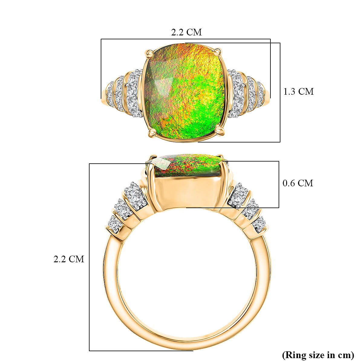 One Time Deal - AA Canadian Ammolite & Moissanite Ring in 18K Vermeil Yellow Gold Sterling Silver 4.57 Ct.
