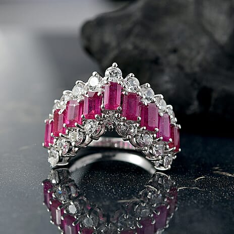 D’joy African Ruby, White Zircon Band Ring in Rhodium OverlaySterling Silver  7.974  Ct.