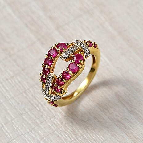 African Ruby & Zircon Ring in 14K Gold OverlaySterling Silver