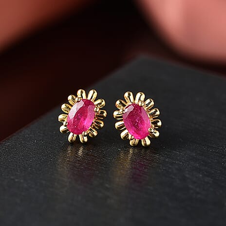 D'joy African Ruby Solitaire Stud Push Post Earring in 14K Gold OverlaySterling Silver  1.348  Ct.