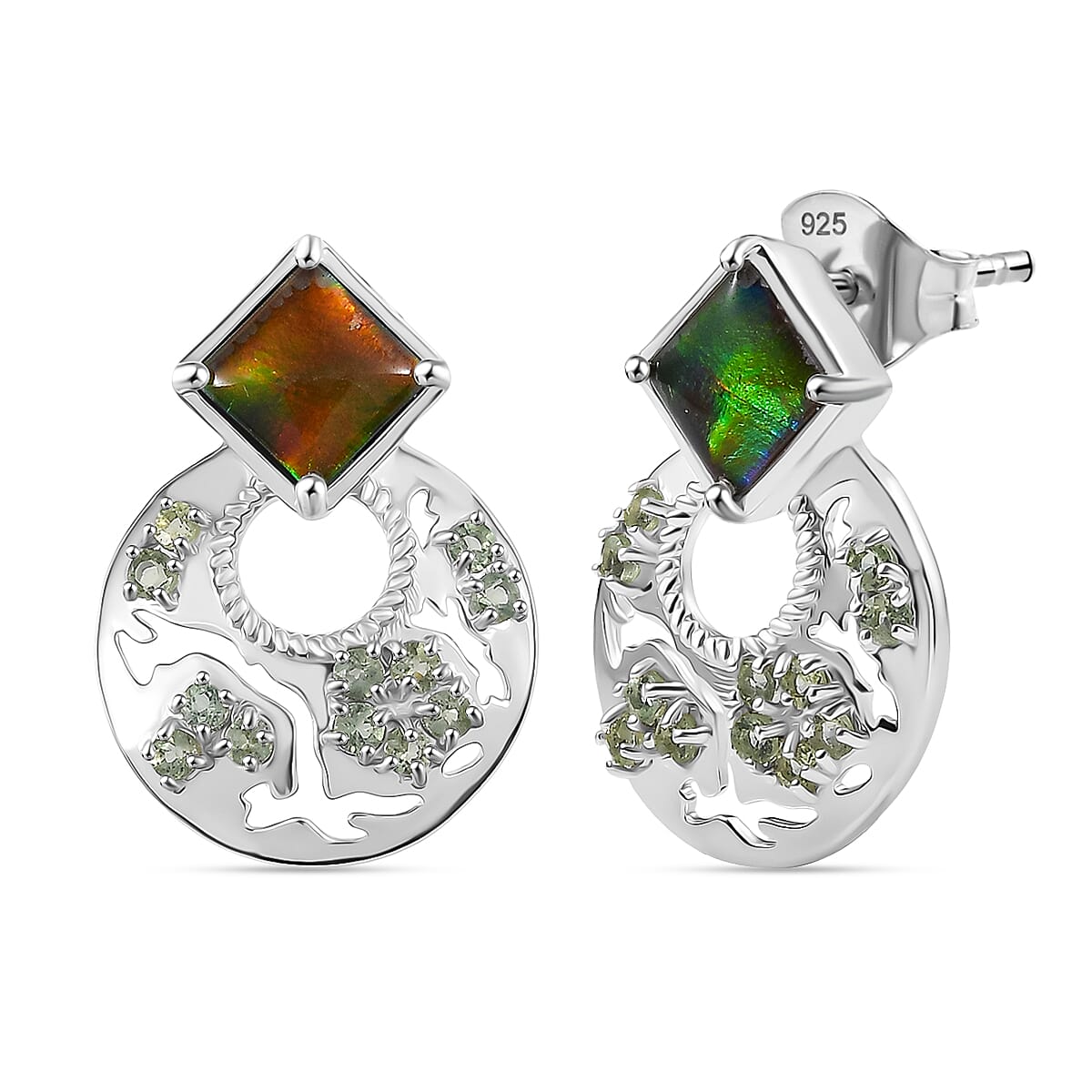 D'joy Ammolite & Natural Green Apatite Stud Push Post Earring in Rhodium Overlay Sterling Silver 5.48 Ct.