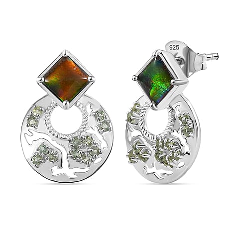 D’joy Ammolite, Natural Green Apatite Solitaire Stud Push Post Earring in Rhodium OverlaySterling Silver  5.480  Ct.