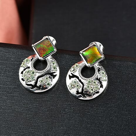 D’joy Ammolite, Natural Green Apatite Solitaire Stud Push Post Earring in Rhodium OverlaySterling Silver  5.480  Ct.