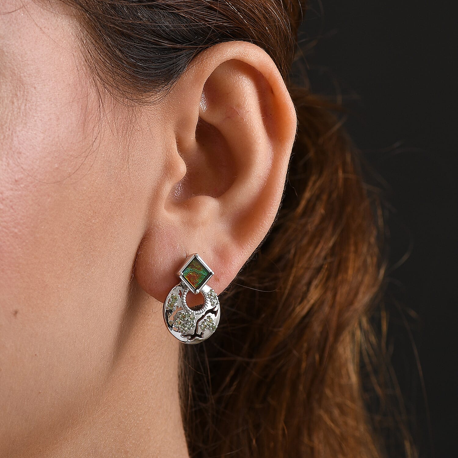 D'joy Ammolite & Natural Green Apatite Stud Push Post Earring in Rhodium Overlay Sterling Silver 5.48 Ct.