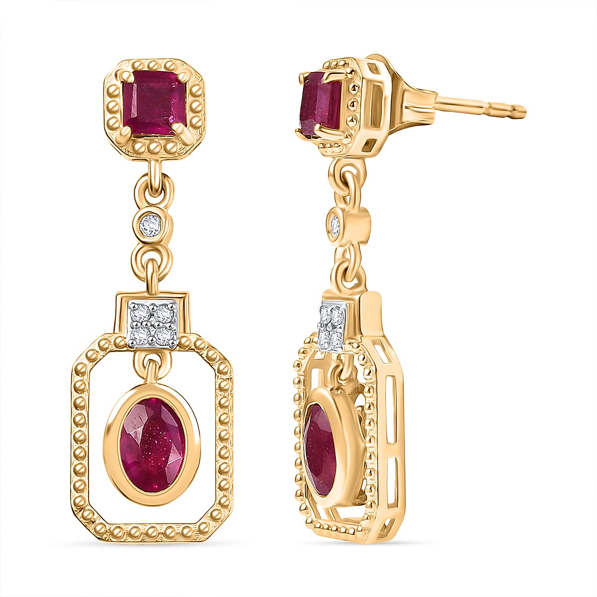 D'joy African Ruby, White Zircon Dangling Earring in 14K Gold OverlaySterling Silver  2.534  Ct.