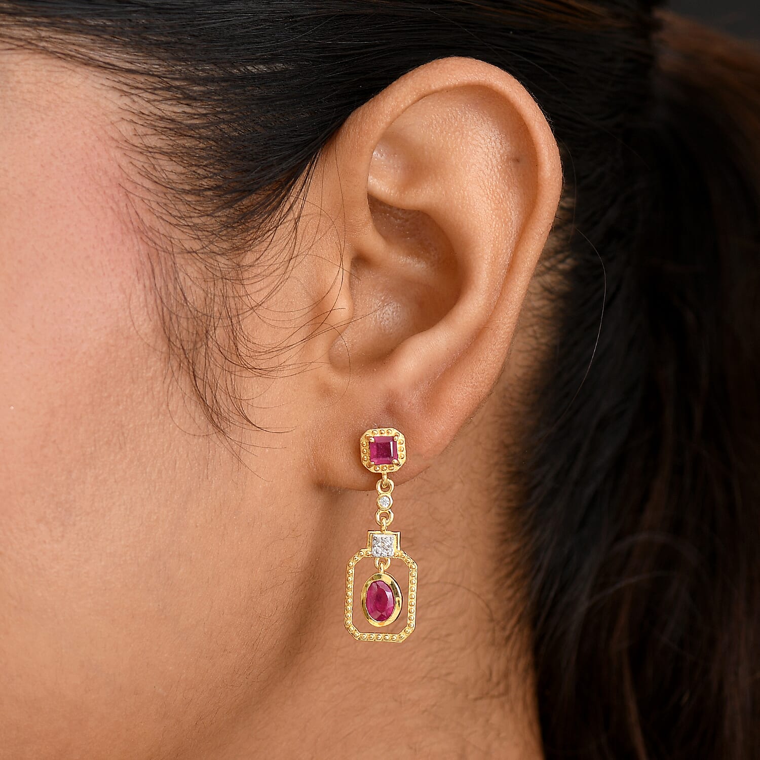 D'joy African Ruby, White Zircon Dangling Earring in 14K Gold OverlaySterling Silver  2.534  Ct.