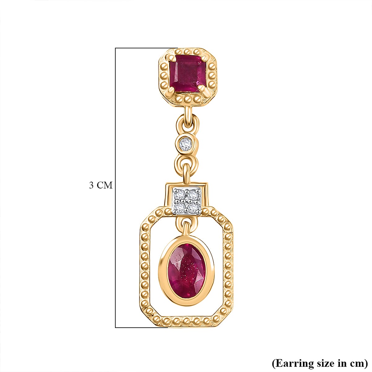 D'joy African Ruby, White Zircon Dangling Earring in 14K Gold OverlaySterling Silver  2.534  Ct.