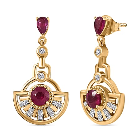 Djoy African Ruby, White Zircon Dangling Earring in 14K Gold OverlaySterling Silver 2.300 Ct. Djoy African Ruby, White Zircon Dangling Earring in 14K Gold OverlaySterling Silver 2.300 Ct.