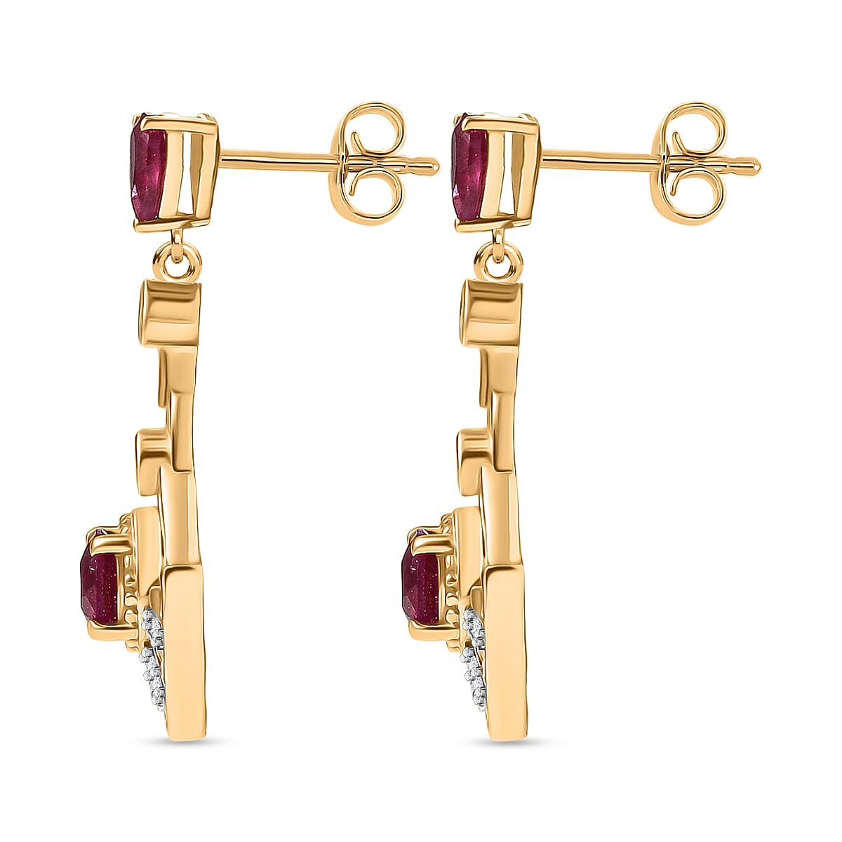D'joy African Ruby & White Zircon Dangling Earring in 14K Yellow Gold Plated Sterling Silver 2.30 Ct.