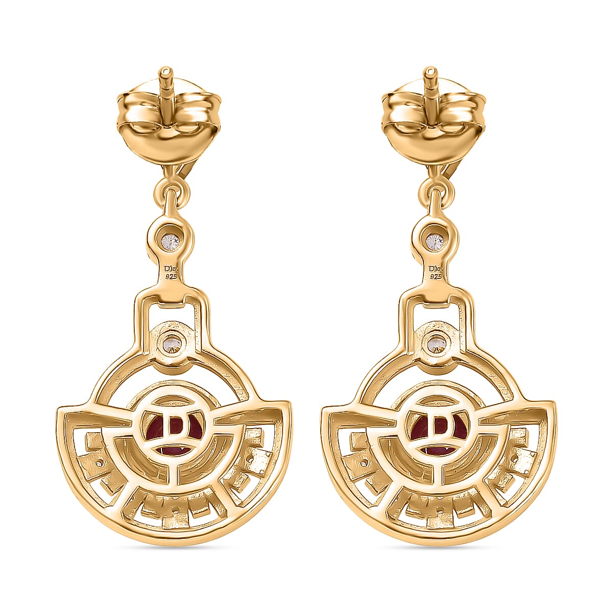 D'joy African Ruby & White Zircon Dangling Earring in 14K Yellow Gold Plated Sterling Silver 2.30 Ct.