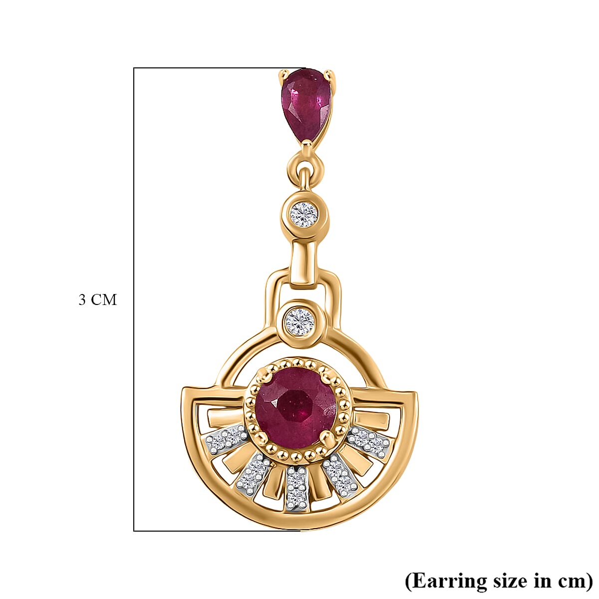 D'joy African Ruby & White Zircon Dangling Earring in 14K Yellow Gold Plated Sterling Silver 2.30 Ct.