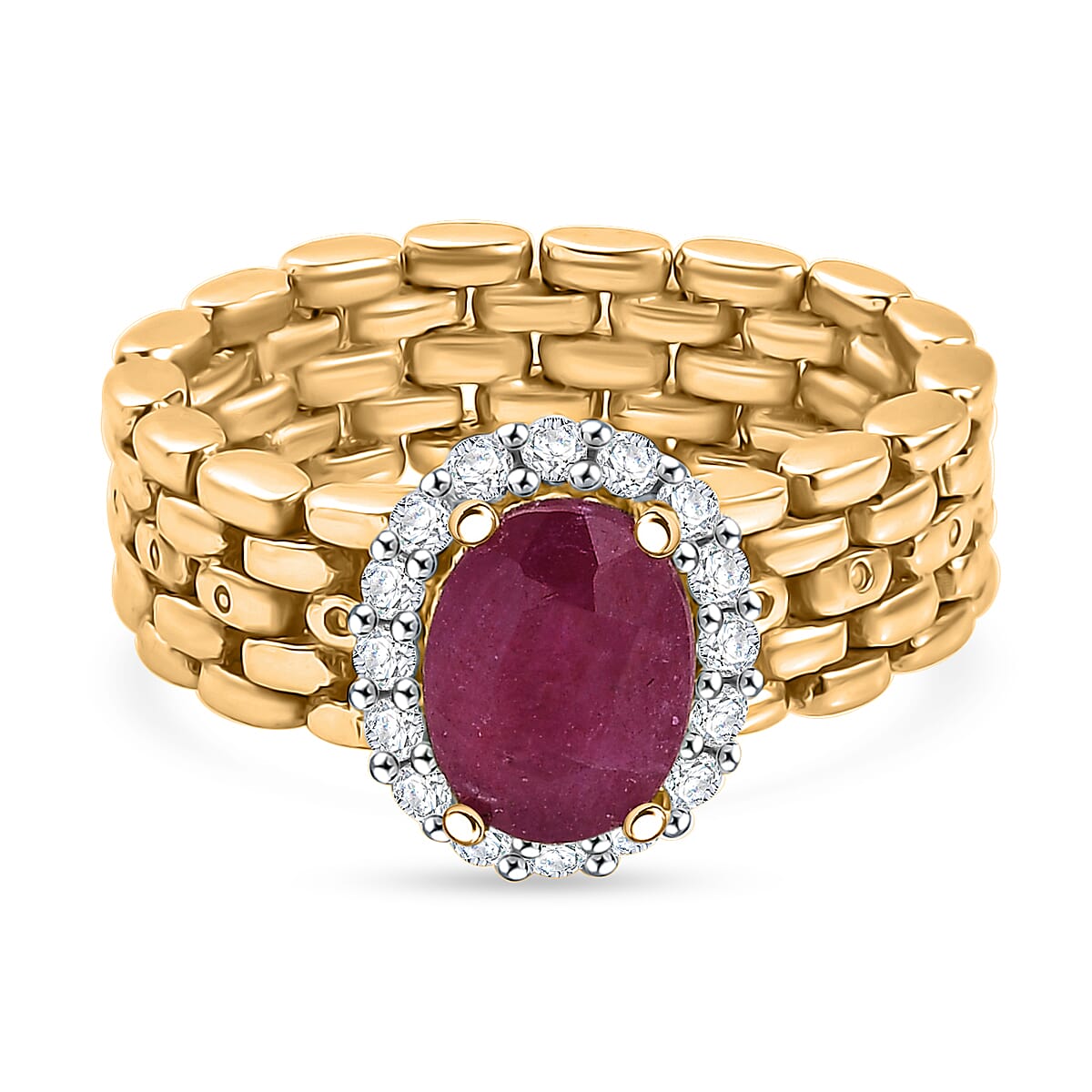 African Ruby & Zircon Ring in 14K Gold Overlay Sterling Silver
