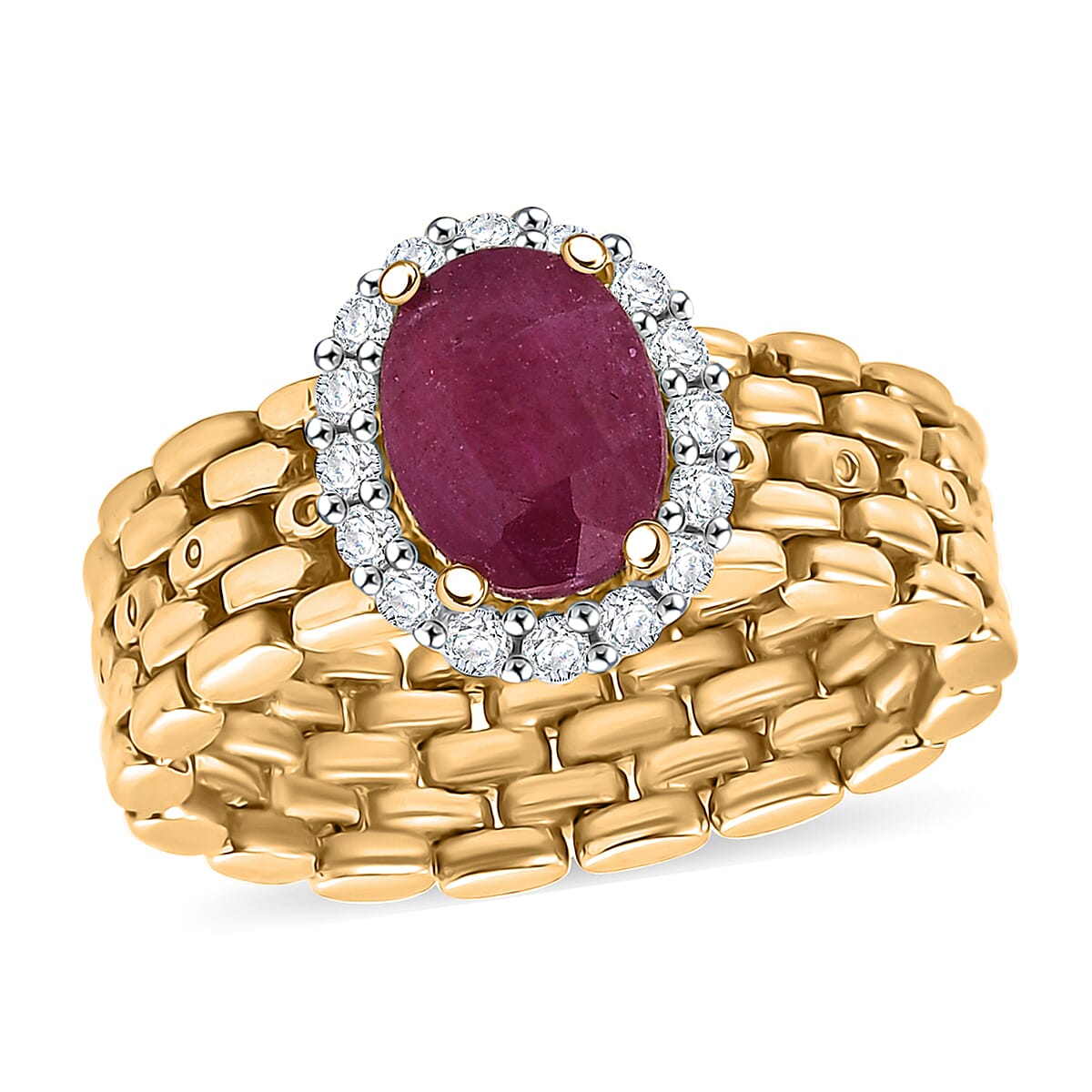 African Ruby & Zircon Ring in 14K Gold Overlay Sterling Silver