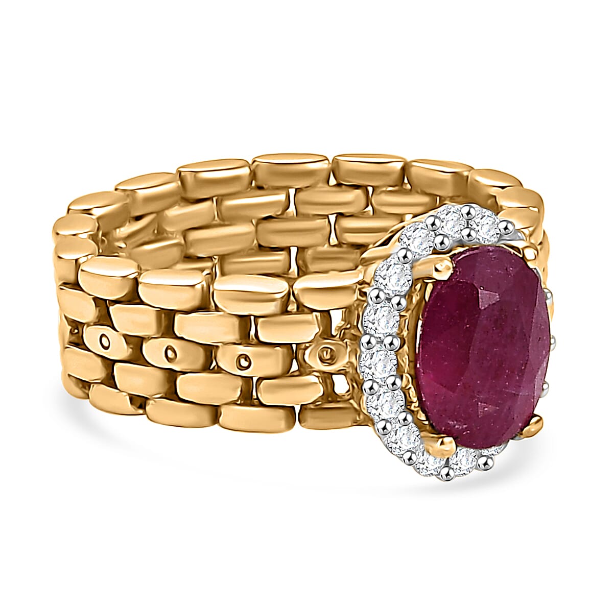 African Ruby & Zircon Ring in 14K Gold Overlay Sterling Silver
