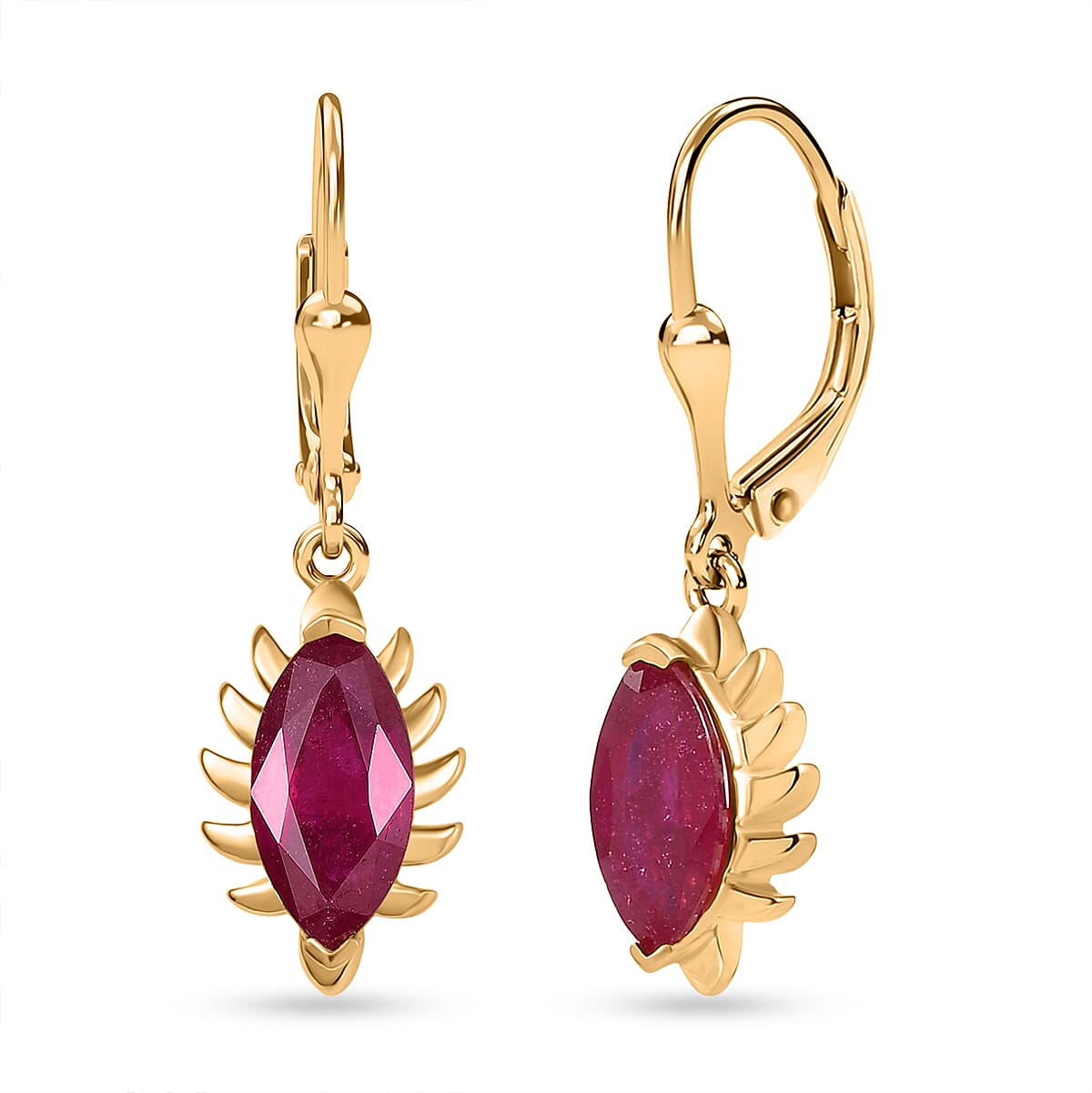 D'joy African Ruby Solitaire Lever Back Earring in 14K Yellow Gold Plated Overlay Sterling Silver 3.00 Ct.