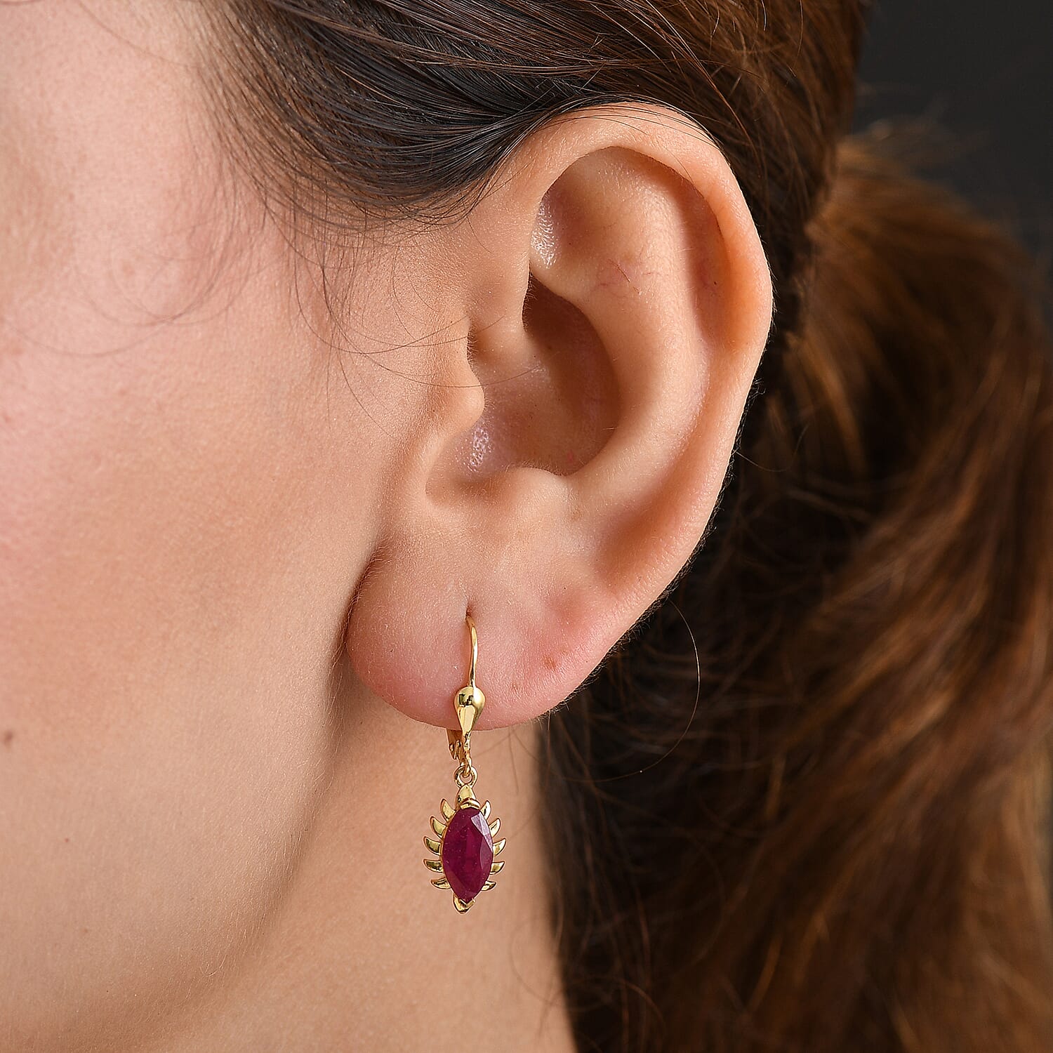 D'joy African Ruby Solitaire Lever Back Earring in 14K Yellow Gold Plated Overlay Sterling Silver 3.00 Ct.
