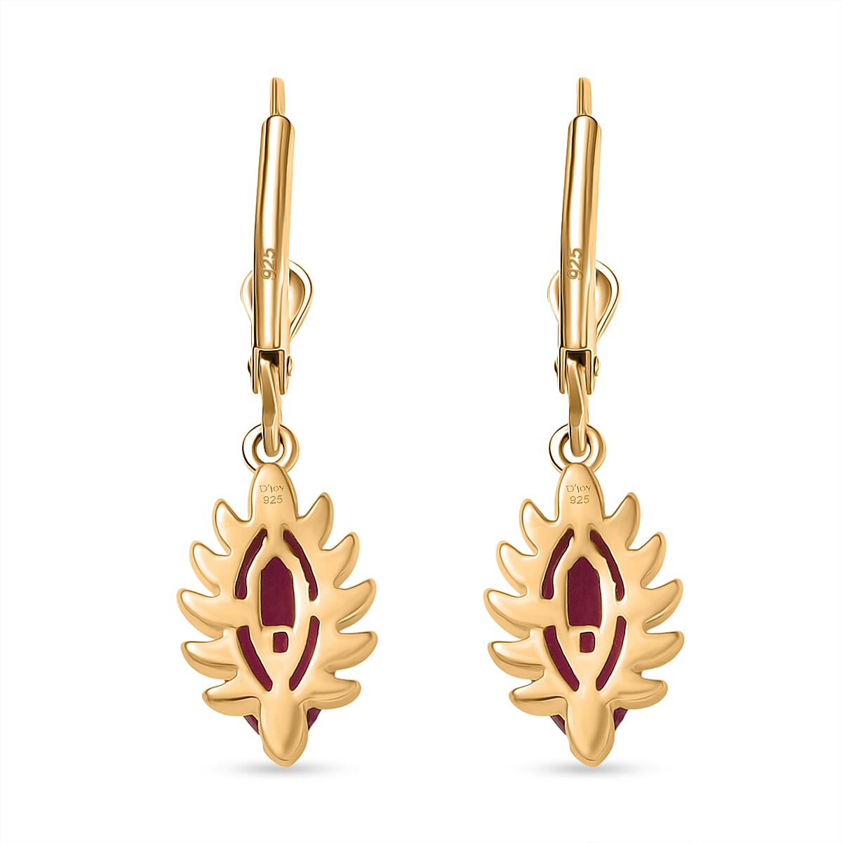D'joy African Ruby Solitaire Lever Back Earring in 14K Yellow Gold Plated Overlay Sterling Silver 3.00 Ct.