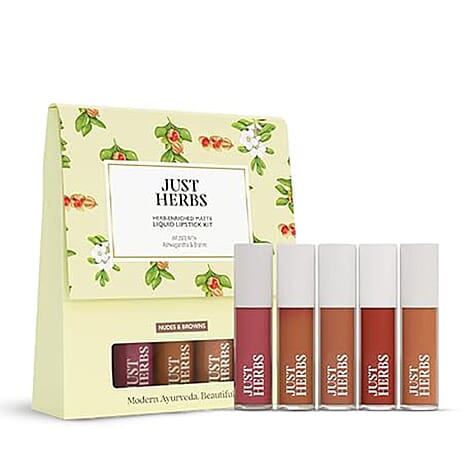 Just Herbs- Set of 5 - Ayurvedic Liquid Matte Finish Lipstick Kit  - Nudes & Brown
