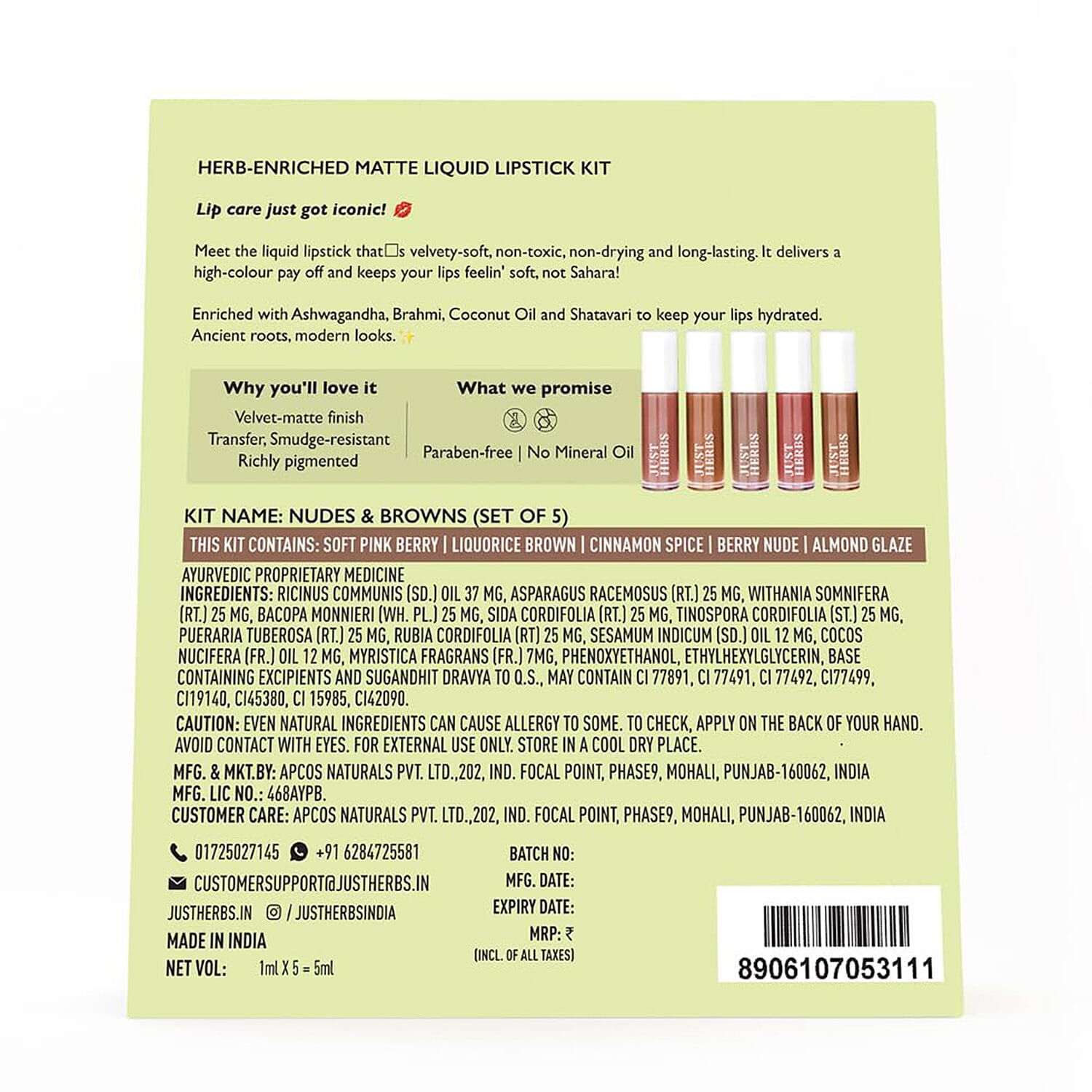 Just Herbs- Set of 5 - Ayurvedic Liquid Matte Finish Lipstick Kit - Nudes & Brown Just Herbs- Set of 5 - Ayurvedic Liquid Matte Finish Lipstick Kit - Nudes & Brown