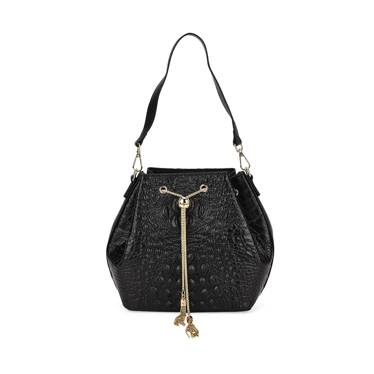 La Marey Genuine Leather Crocodile Embossed Handbag With Spiga Chain Cord and Curb Link Crossbody Strap- Black