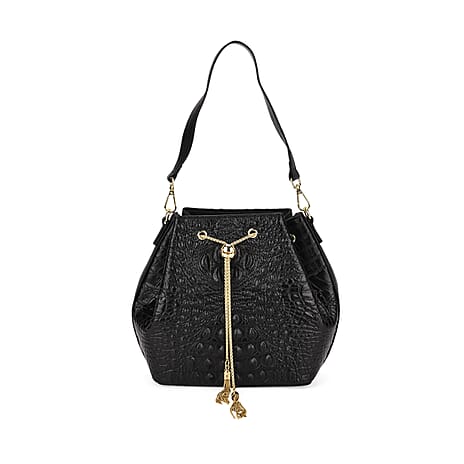 La Marey Genuine Leather Crocodile Embossed Handbag With Spiga Chain Cord and Curb Link Crossbody Strap- Black