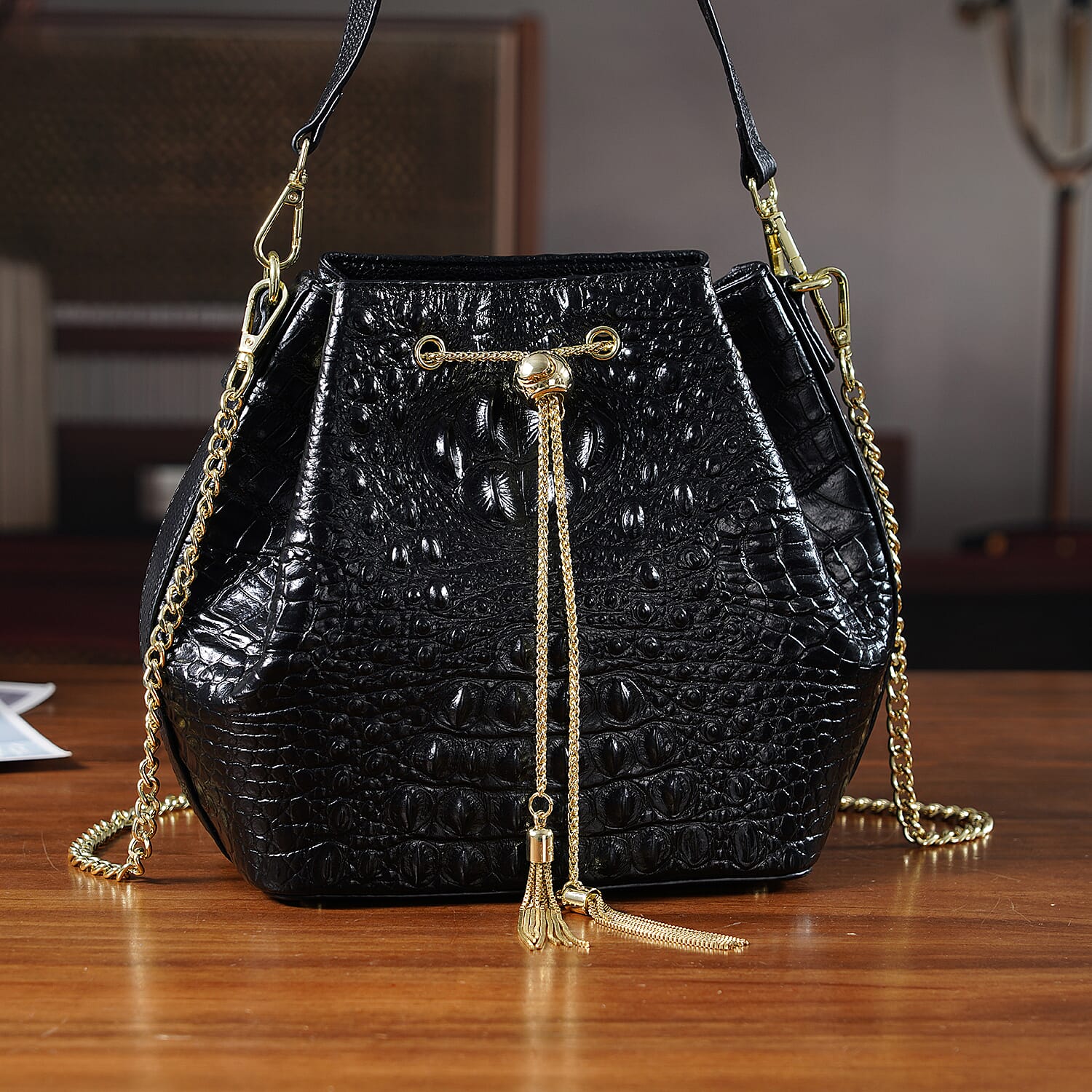 La Marey Genuine Leather Crocodile Embossed Handbag With Spiga Chain Cord and Curb Link Crossbody Strap- Black