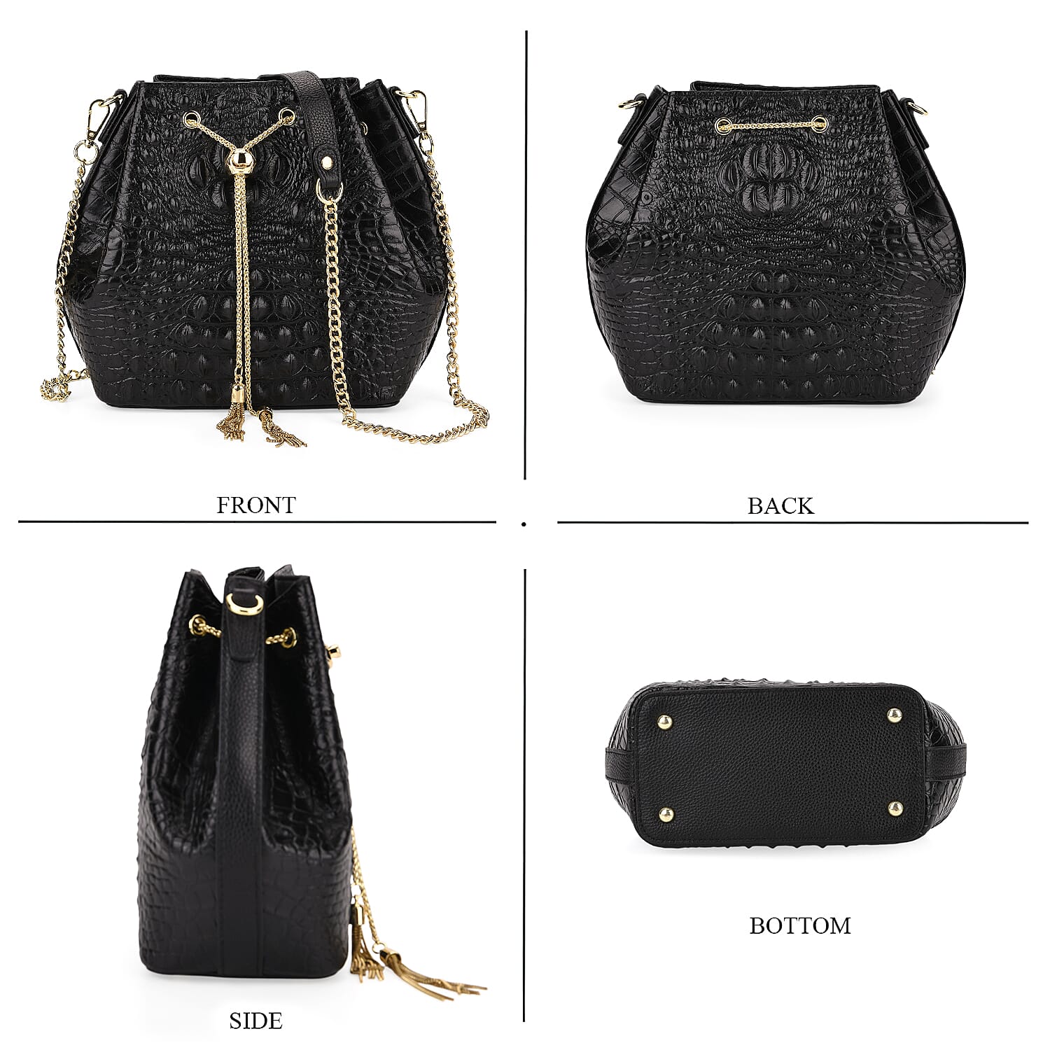 La Marey Genuine Leather Crocodile Embossed Handbag With Spiga Chain Cord and Curb Link Crossbody Strap- Black