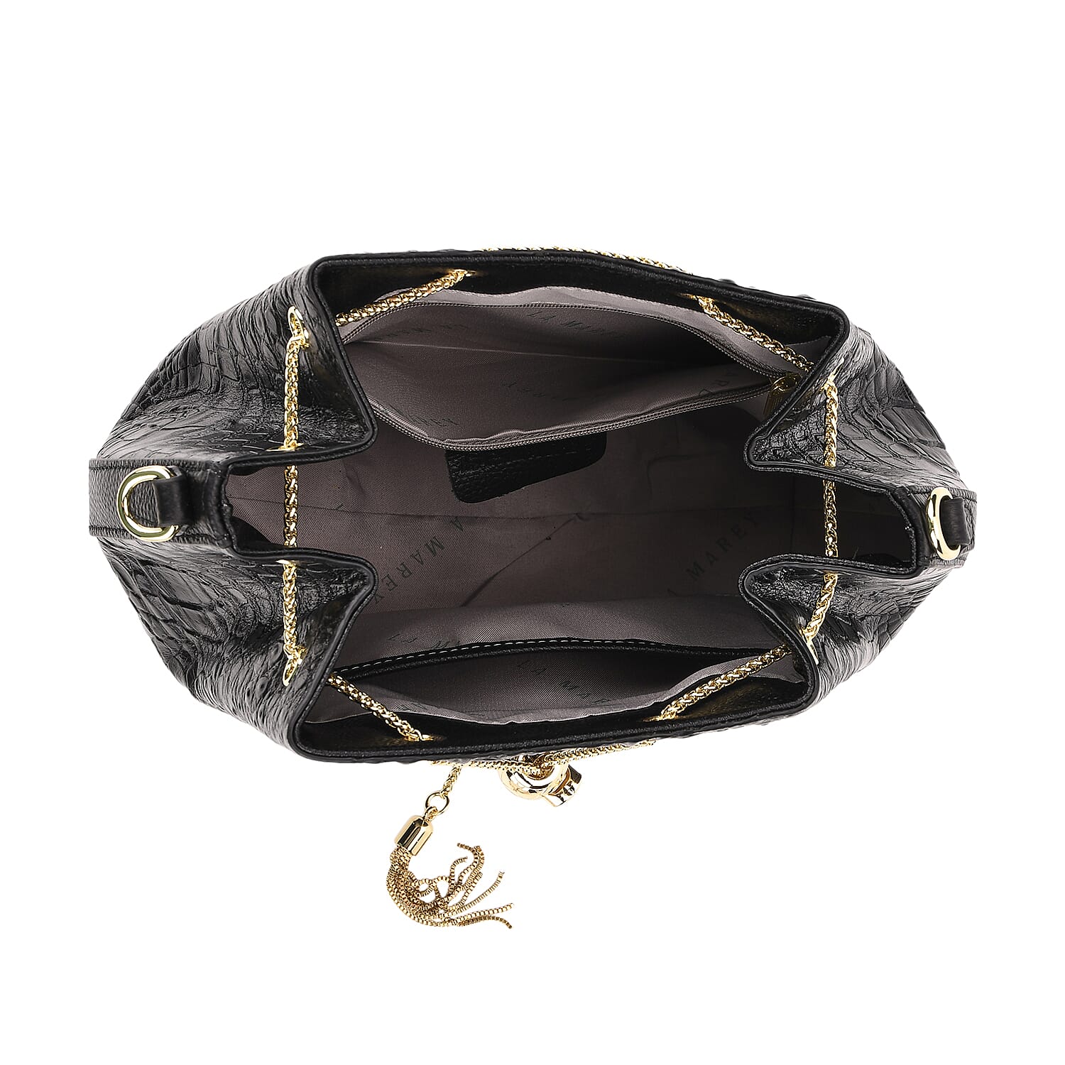 La Marey Genuine Leather Crocodile Embossed Handbag With Spiga Chain Cord and Curb Link Crossbody Strap- Black