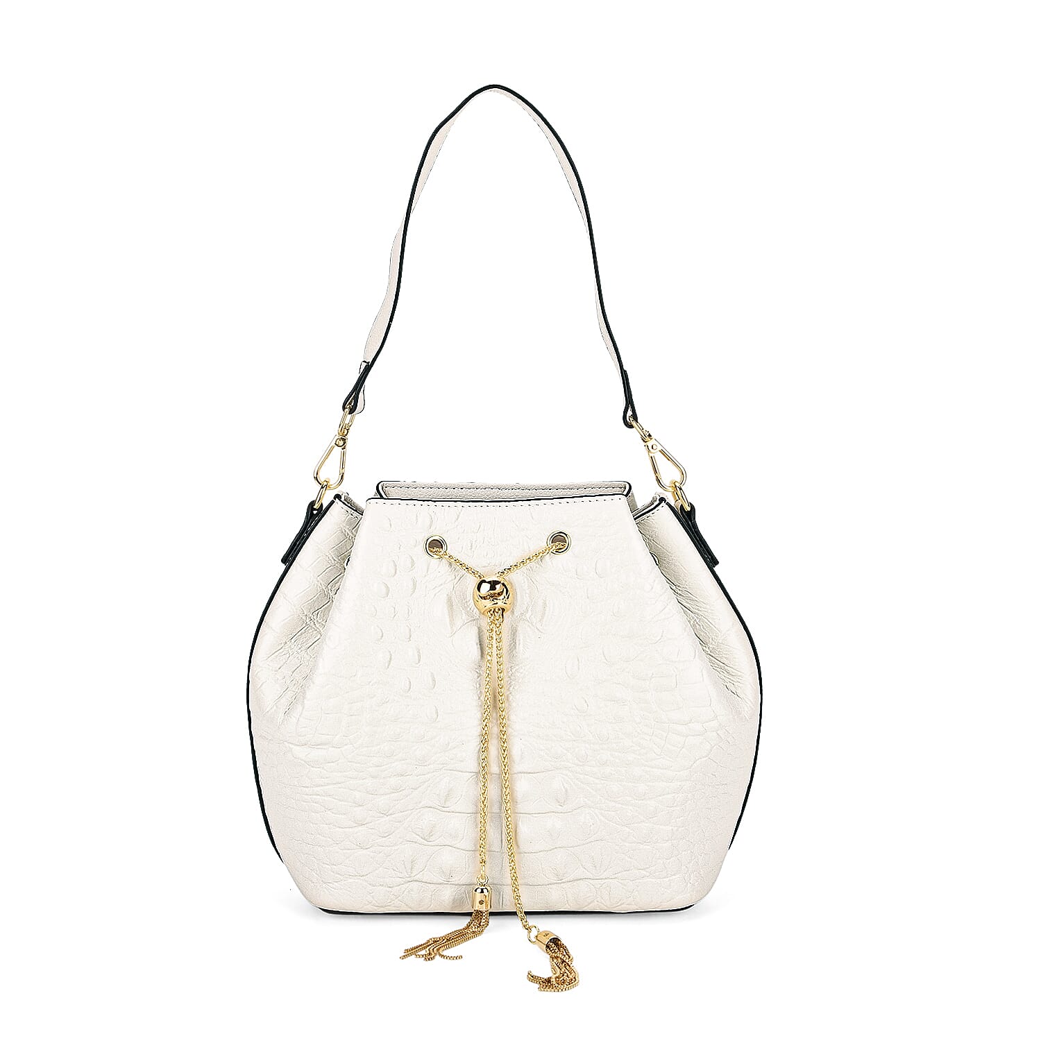 La Marey Genuine Leather Crocodile Embossed Handbag With Spiga Chain Cord and Curb Link Crossbody Strap- White