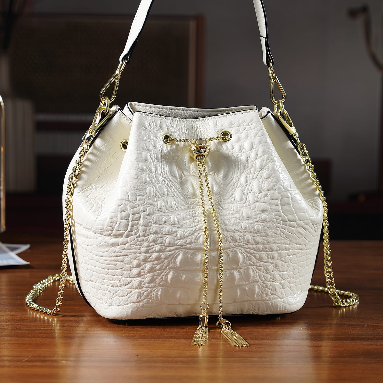 La Marey Genuine Leather Crocodile Embossed Handbag With Spiga Chain Cord and Curb Link Crossbody Strap- White