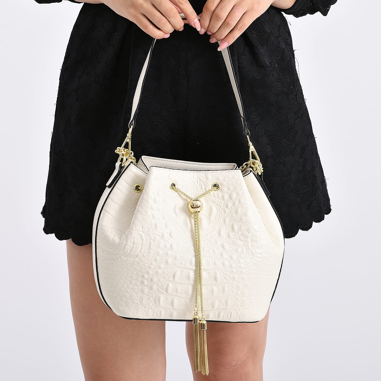 La Marey Genuine Leather Crocodile Embossed Handbag With Spiga Chain Cord and Curb Link Crossbody Strap- White
