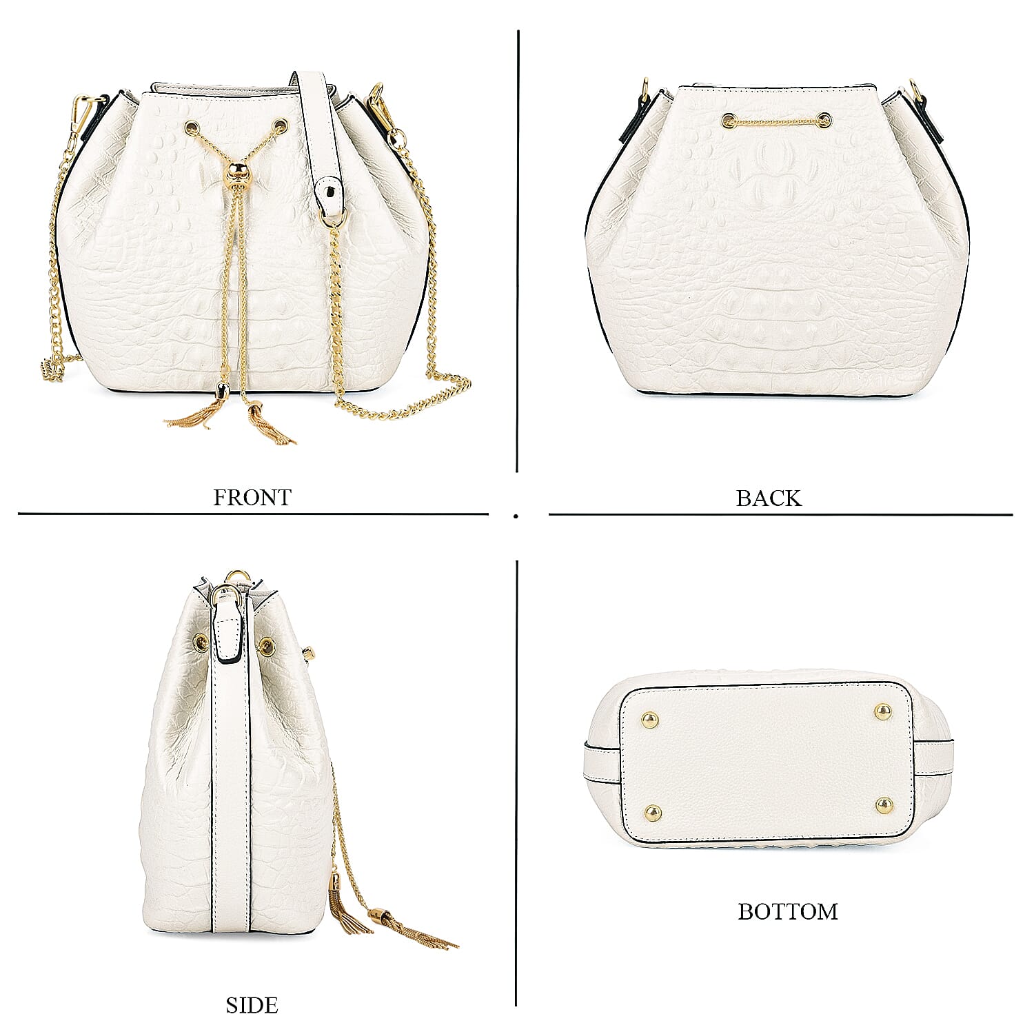 La Marey Genuine Leather Crocodile Embossed Handbag With Spiga Chain Cord and Curb Link Crossbody Strap- White