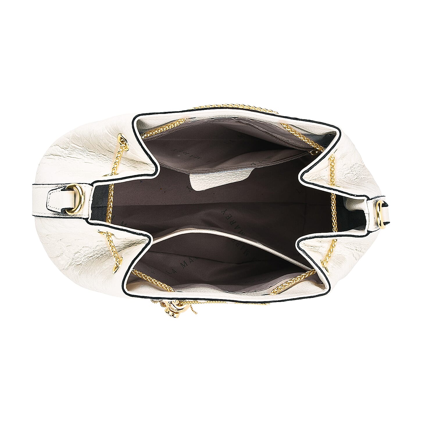 La Marey Genuine Leather Crocodile Embossed Handbag With Spiga Chain Cord and Curb Link Crossbody Strap- White