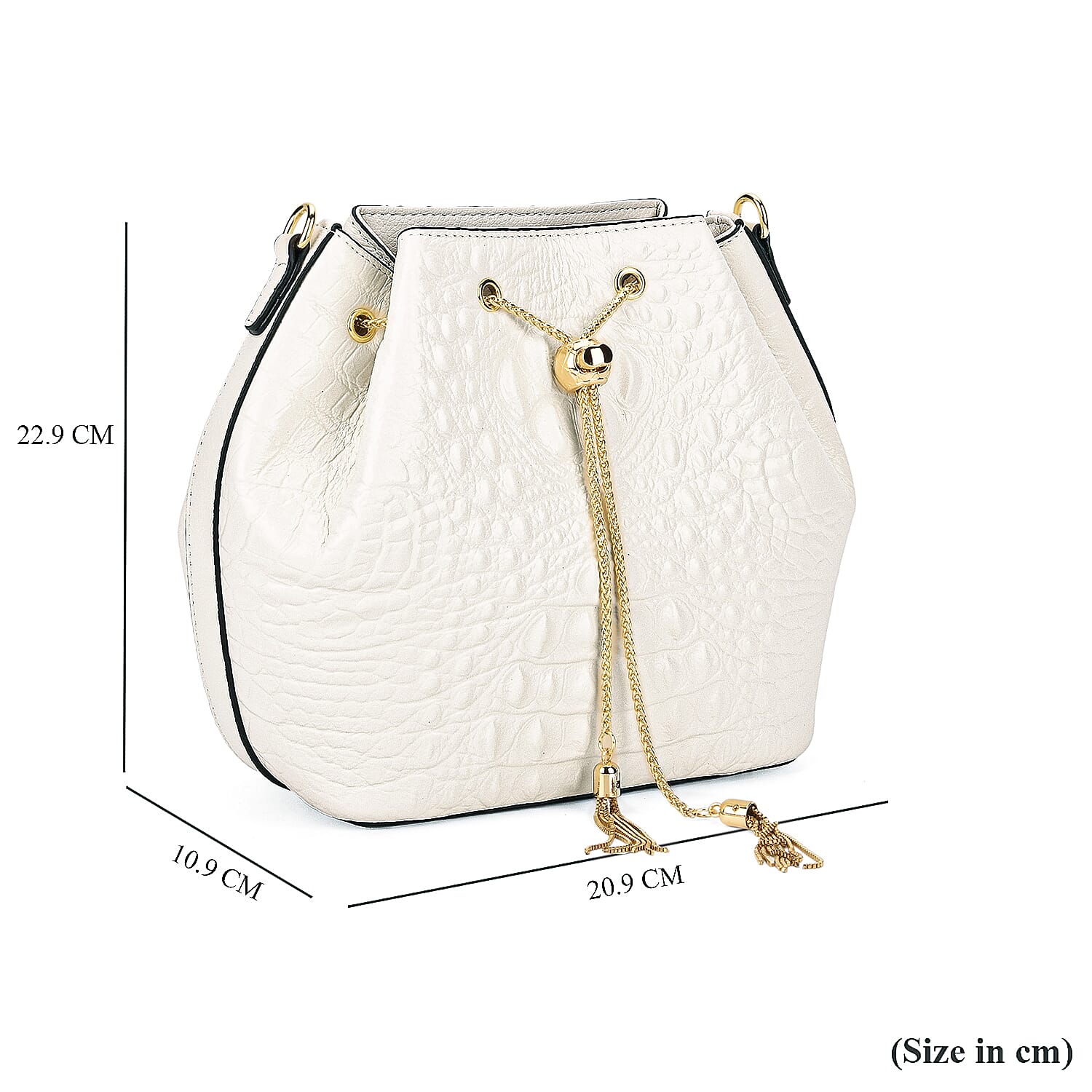 La Marey Genuine Leather Crocodile Embossed Handbag With Spiga Chain Cord and Curb Link Crossbody Strap- White
