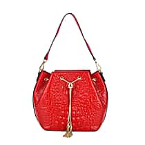 La Marey Genuine Leather Crocodile Embossed Handbag With Spiga Chain Cord and Curb Link Crossbody Strap - Wine Red