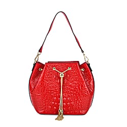 La Marey Genuine Leather Crocodile Embossed Handbag With Spiga Chain Cord and Curb Link Crossbody Strap - Wine Red