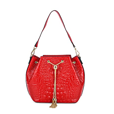 La Marey Genuine Leather Crocodile Embossed Handbag With Spiga Chain Cord and Curb Link Crossbody Strap - Wine Red