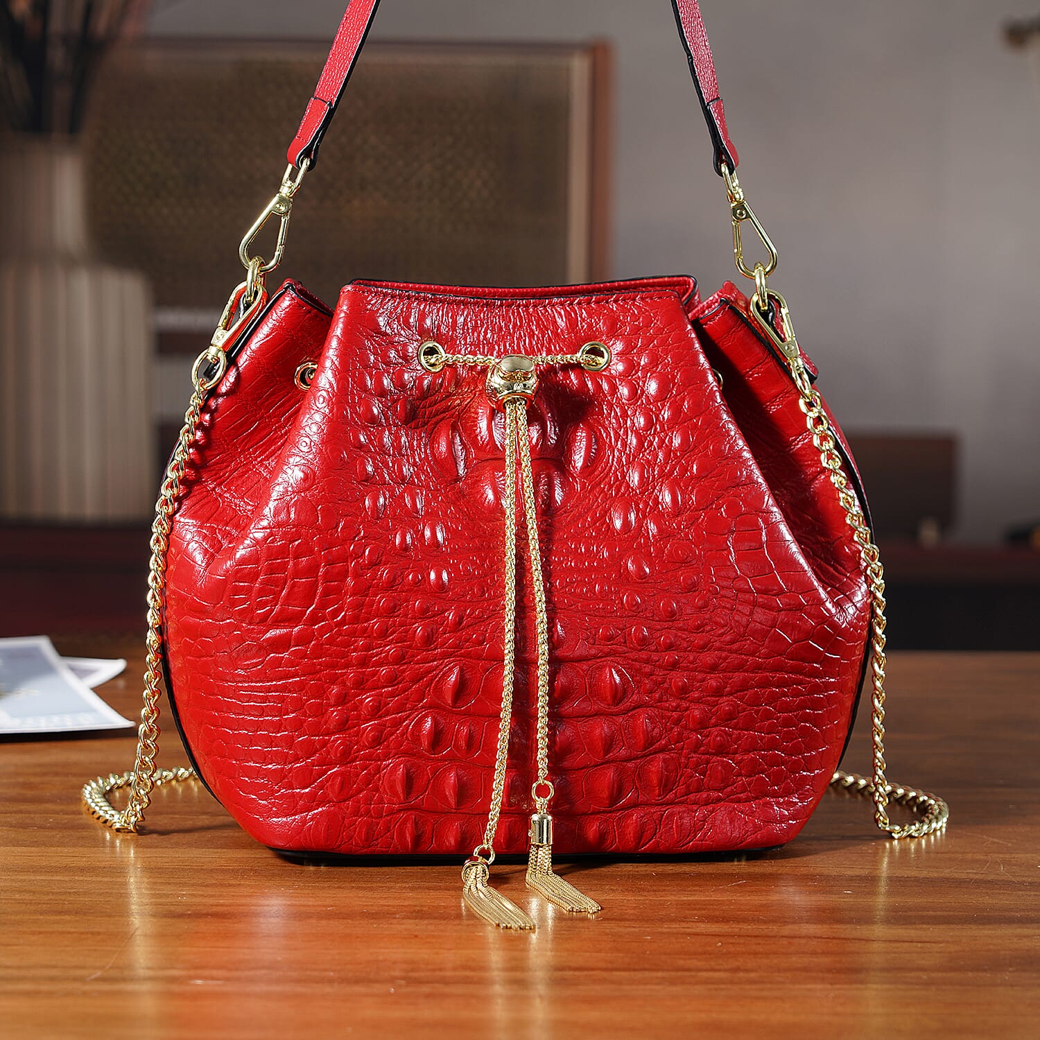 La Marey Genuine Leather Crocodile Embossed Handbag With Spiga Chain Cord and Curb Link Crossbody Strap - Wine Red