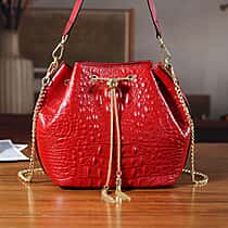La Marey Genuine Leather Crocodile Embossed Handbag With Spiga Chain Cord and Curb Link Crossbody Strap - Wine Red