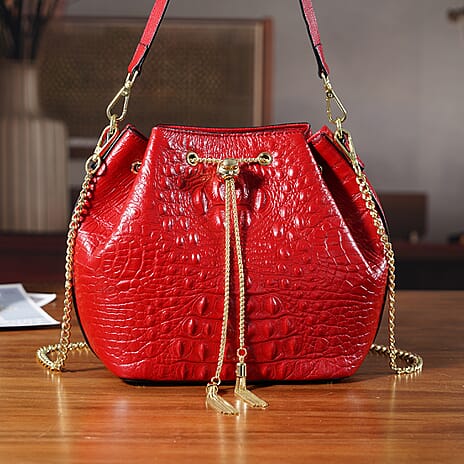 La Marey Genuine Leather Crocodile Embossed Handbag With Spiga Chain Cord and Curb Link Crossbody Strap - Wine Red