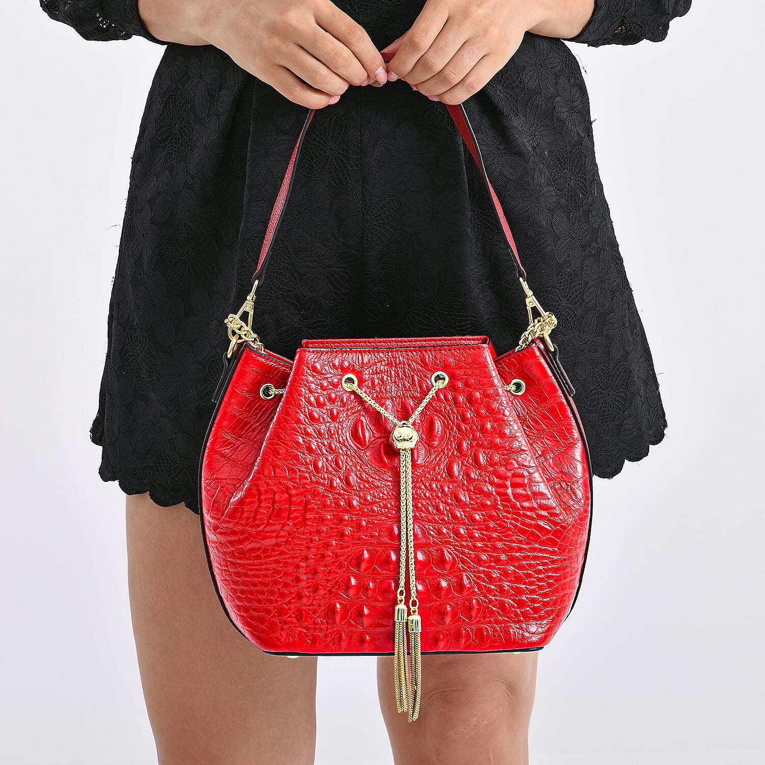 La Marey Genuine Leather Crocodile Embossed Handbag With Spiga Chain Cord and Curb Link Crossbody Strap - Wine Red