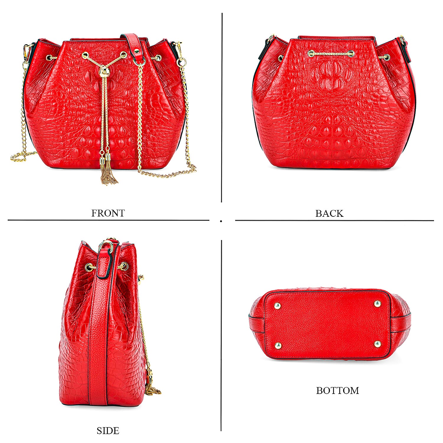 La Marey Genuine Leather Crocodile Embossed Handbag With Spiga Chain Cord and Curb Link Crossbody Strap - Wine Red