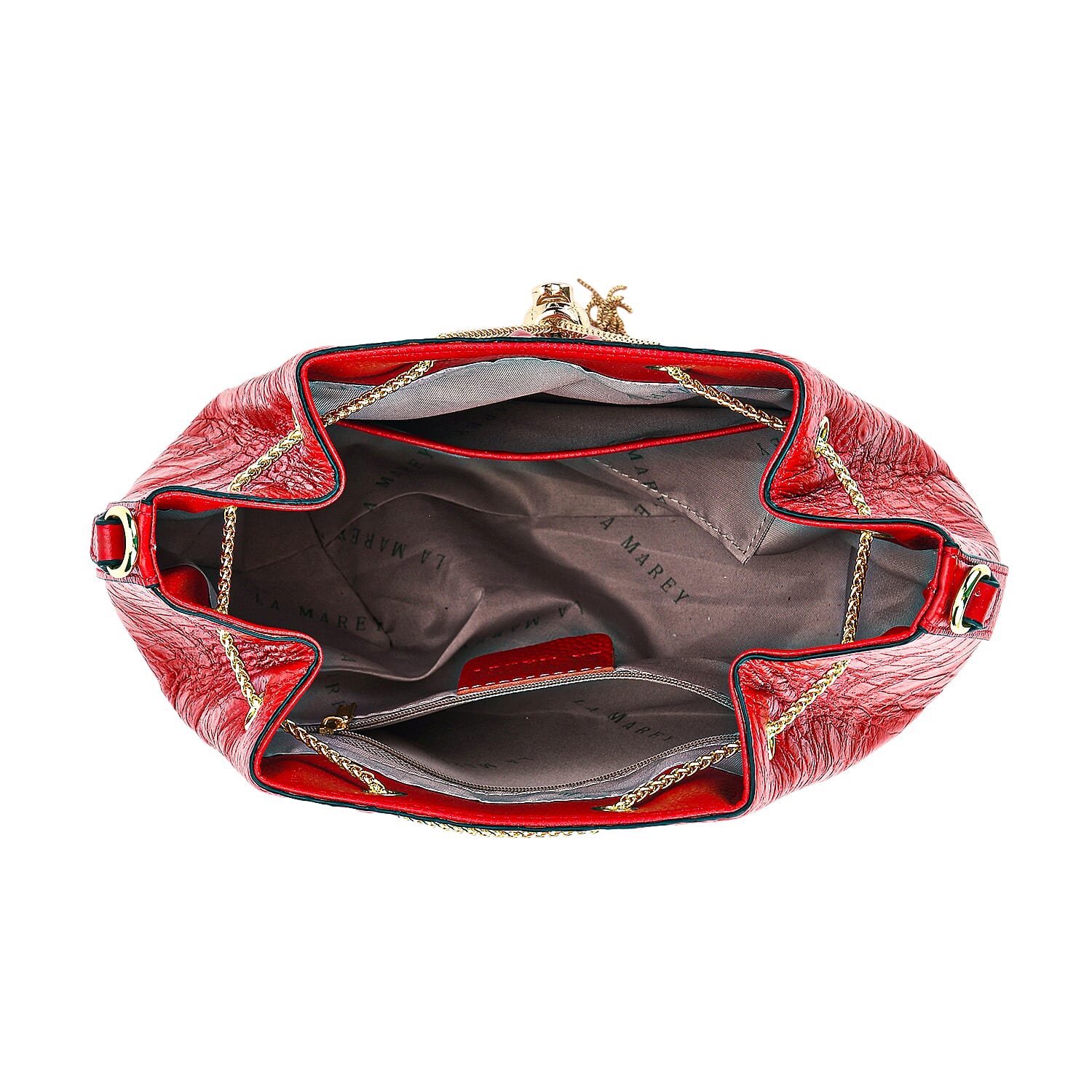 La Marey Genuine Leather Crocodile Embossed Handbag With Spiga Chain Cord and Curb Link Crossbody Strap - Wine Red