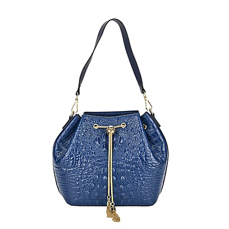 La Marey Genuine Leather Crocodile Embossed Handbag With Spiga Chain Cord and Curb Link Crossbody Strap - Blue
