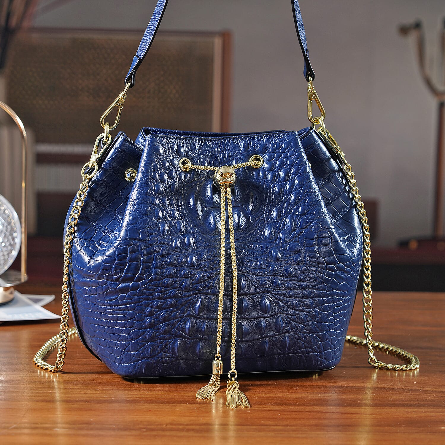 La Marey Genuine Leather Crocodile Embossed Handbag With Spiga Chain Cord and Curb Link Crossbody Strap - Blue